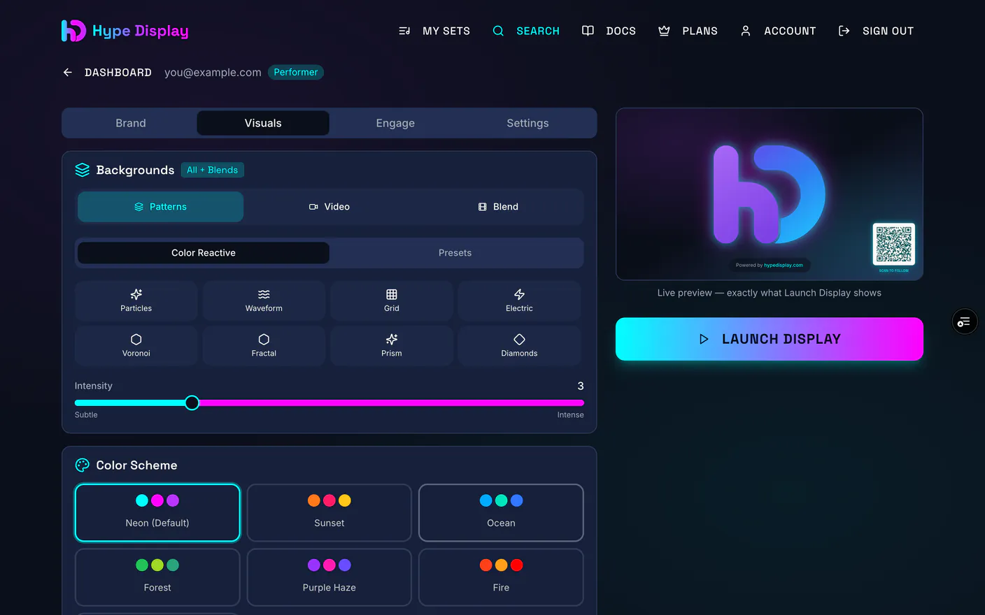 The Visuals tab showing the pattern grid, with one pattern selected and previewing