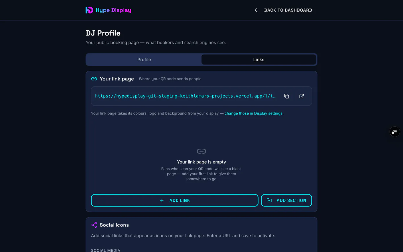 The Links tab of the DJ profile editor, listing links that can be dragged into order