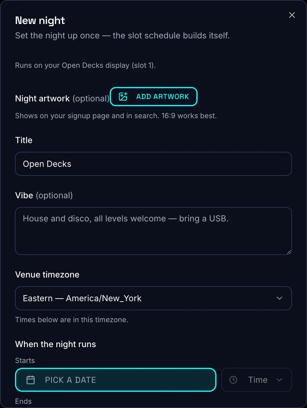 The new open decks night form, showing title, date, slot length and sign-up settings