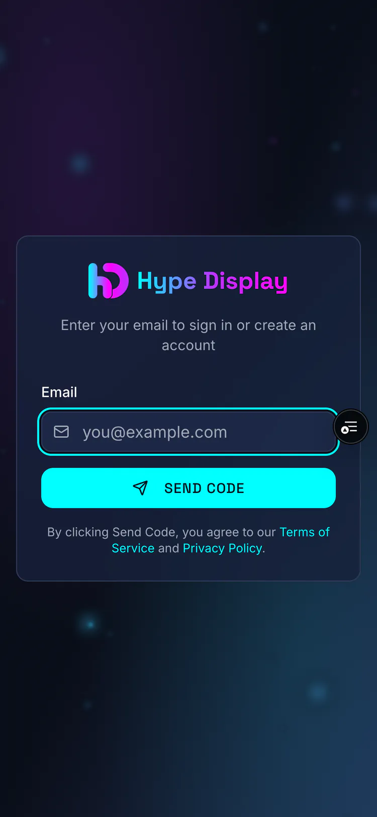 The sign-in screen asking for an email address, with a Send code button beneath it