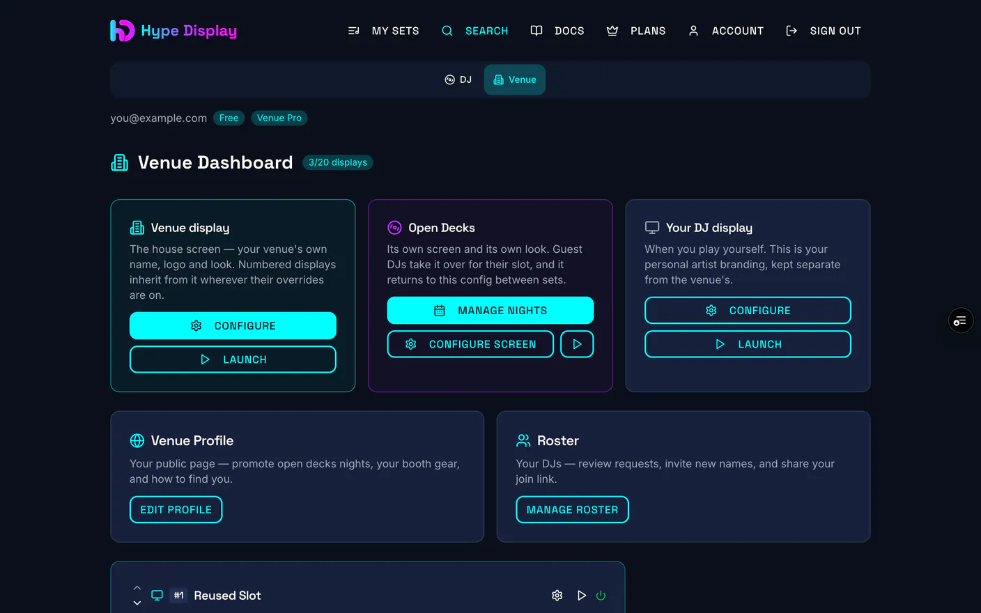 The venue dashboard showing the screens the account can run, each on its own card